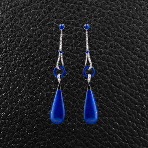 bohemian style earrings for women -Lapis & Diamond Estate Earrings