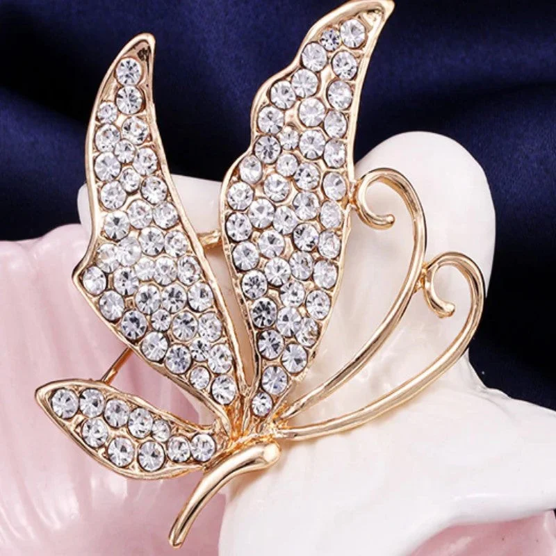 ladies rose gold brooch round stones -Gold Rhinestone Butterfly Brooch BR-14