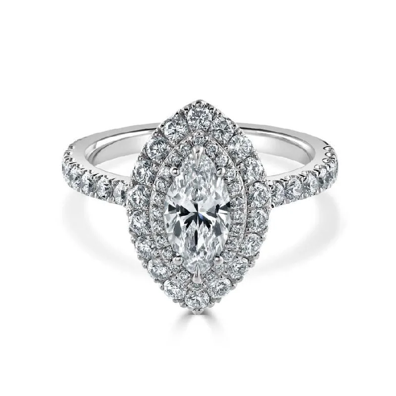 ladies rings enamel detailing -Platinum Marquise-Shaped Diamond Double Halo Cluster Ring with Diamond Shoulders