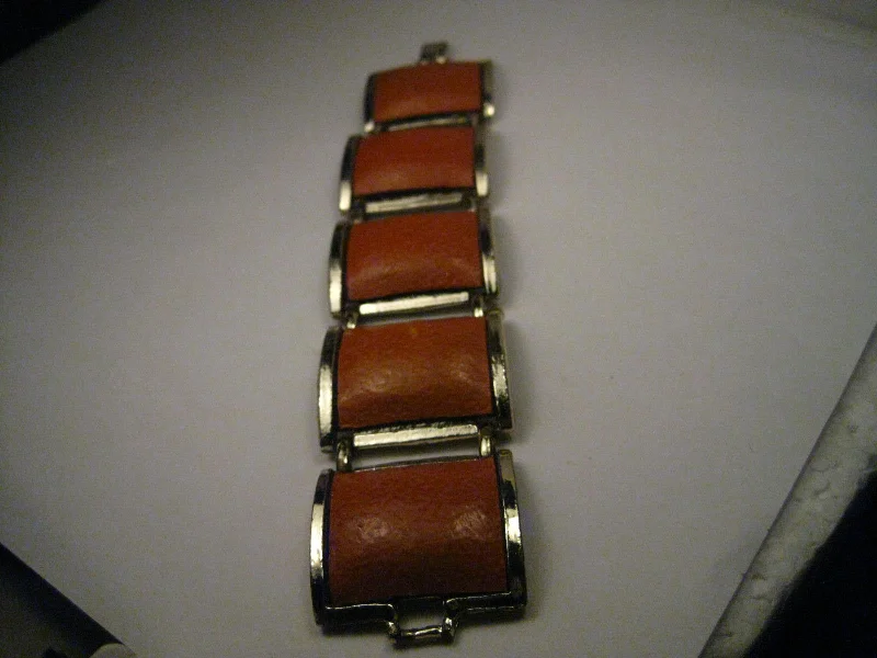 Ladies nostalgic etched bracelets -Vintage Gold Tone Wide Burnt Orange Leather Link Bracelet, 1970's, 7" - Boho Appeal Too!