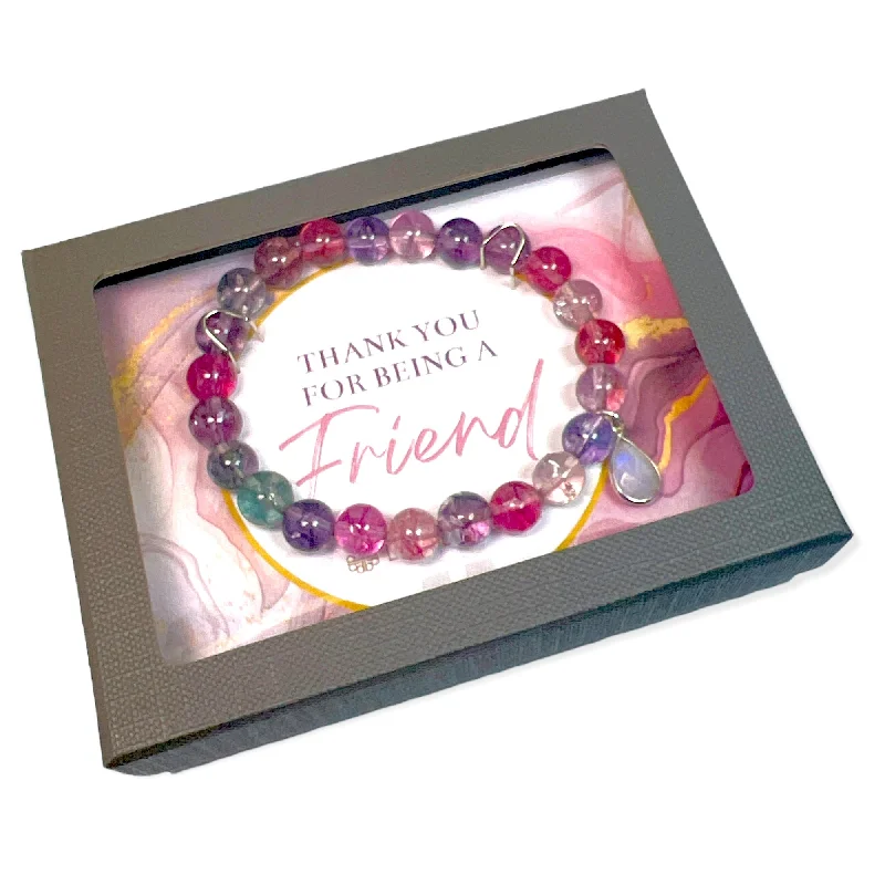 Ladies nostalgic etched bracelets -Colorful Quartz with Moonstone Sterling Silver Charm "Thank You for Being a Friend" Bracelet Gift Box