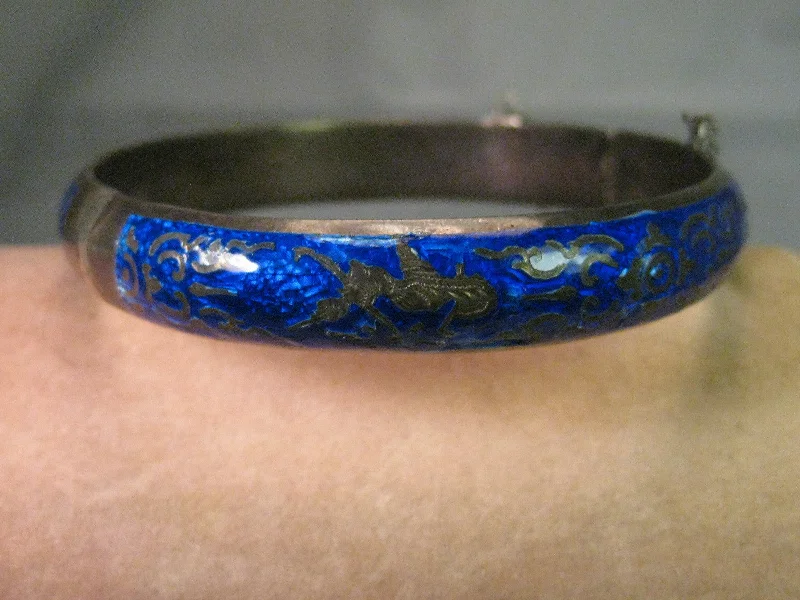 Ladies solid steel bracelets -Vintage Siam Hinged Bangle Bracelet, Blue Enamel, Sterling Silver, 7.25"