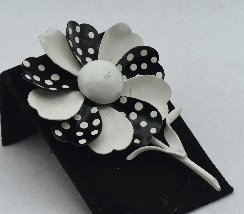 ladies brooch enamel detailing -Vintage White and Black Polka Dot Painted Metal Flower Brooch