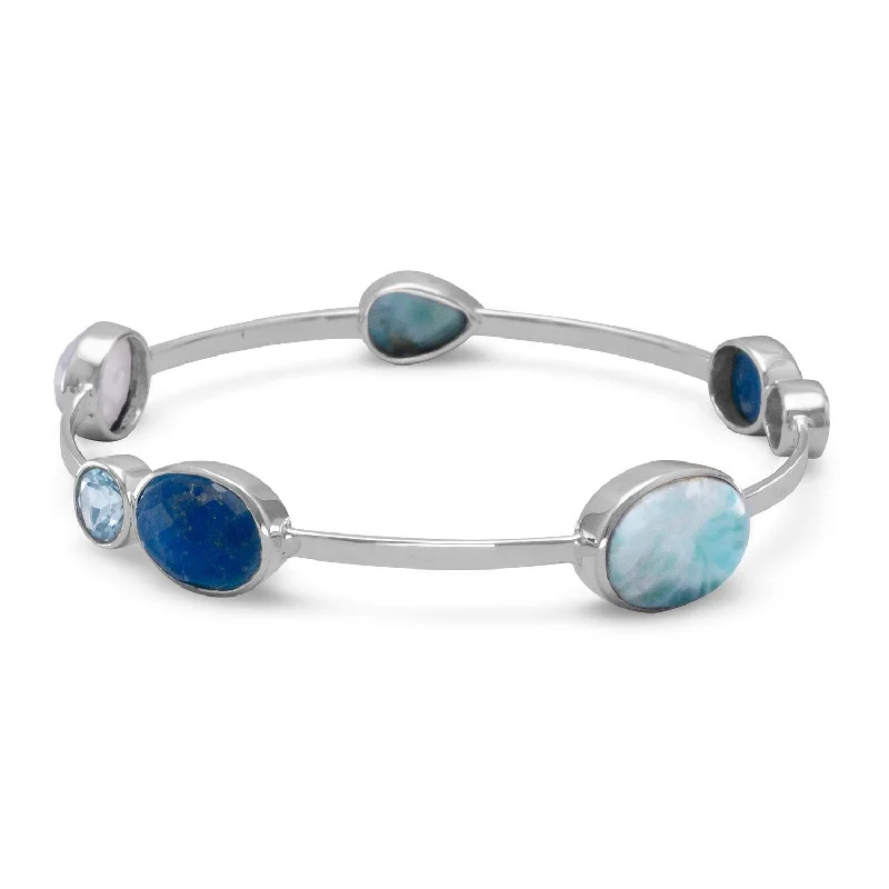 Ladies happy sparkle bracelets -Sterling Silver Larimar, Blue Topaz, Aventurine and Rainbow Moonstone Bangle Bracelet