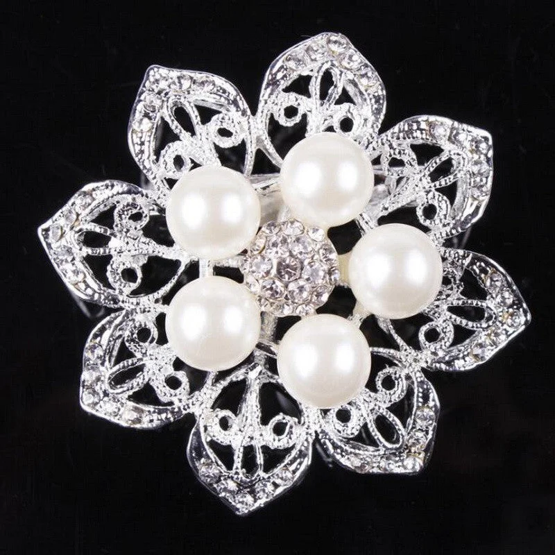 silver brooch for women floral motifs -Brooch Clear Rhinestone Pearls Crystal BR-026