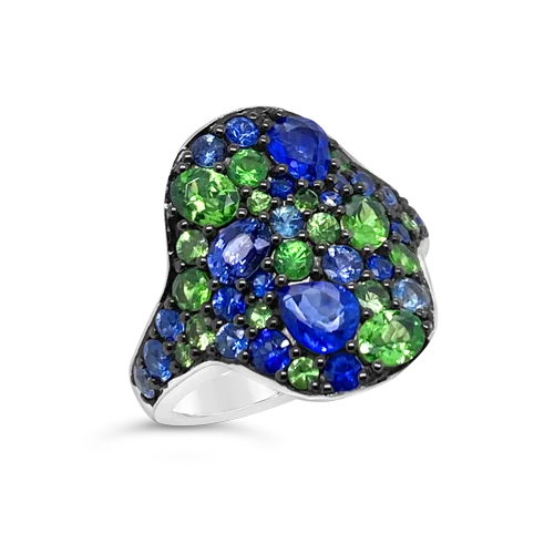 ladies silver rings hematite stones -Blue Sapphire & Tsavorite Ring