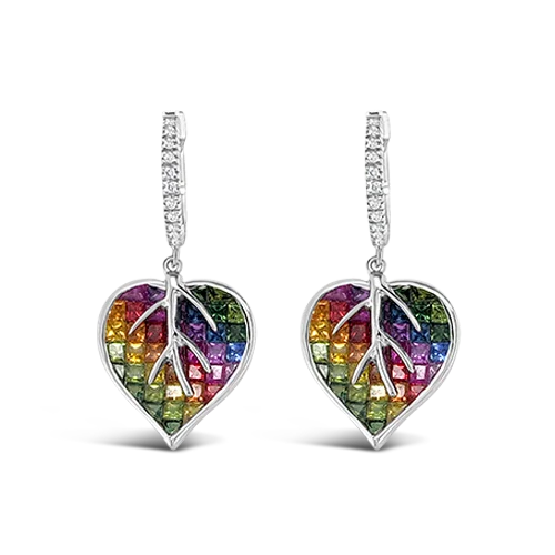 ladies earrings opal inlays -Multi-color Sapphire & Diamond Heart Earrings