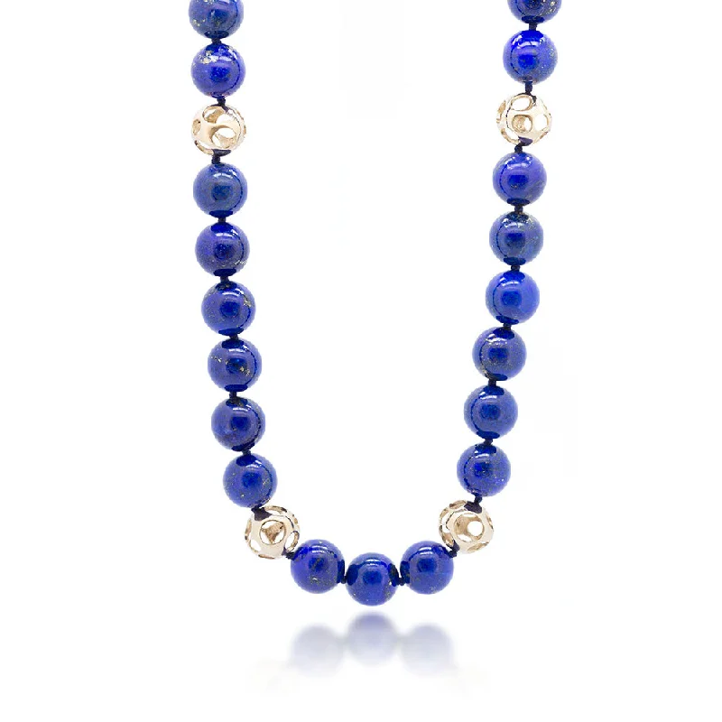 Ladies kitty paw necklaces -Lapis Lazuli Necklace with Hollowed Gold Spheres