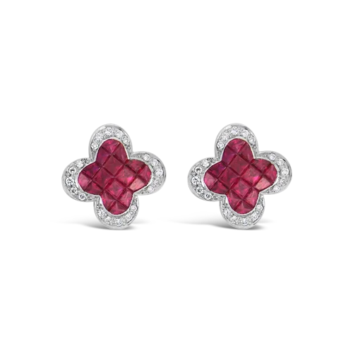 rose gold earrings for women with gems -Ruby & Diamond Clover Earrings