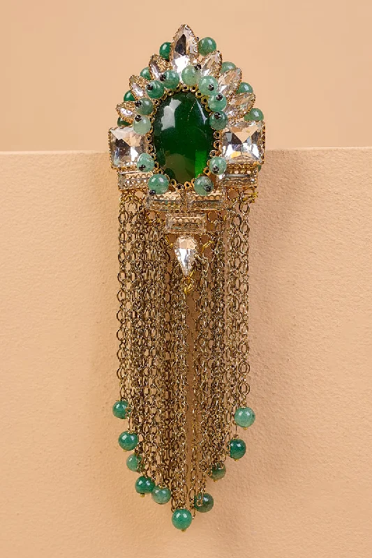 ladies silver brooch apatite stones -Green Stone Crystal Brooch With Metal Chain Drops