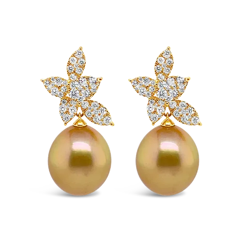 ladies rose gold earrings leaf design -Golden Pearl & Diamond Earrings