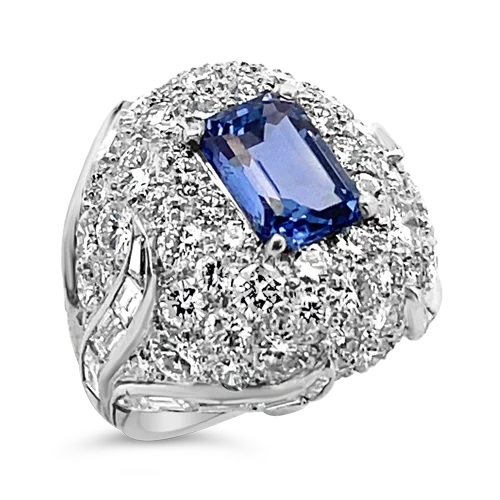 ladies silver rings jade stones -Sapphire & Diamond Dome Estate Ring