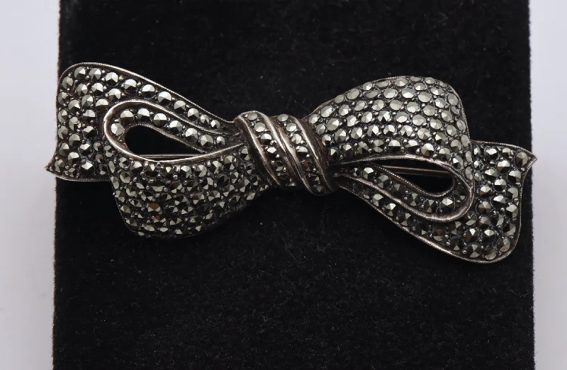 minimalist line brooch for women -Vintage Sterling Silver and Marcasite Bow Brooch