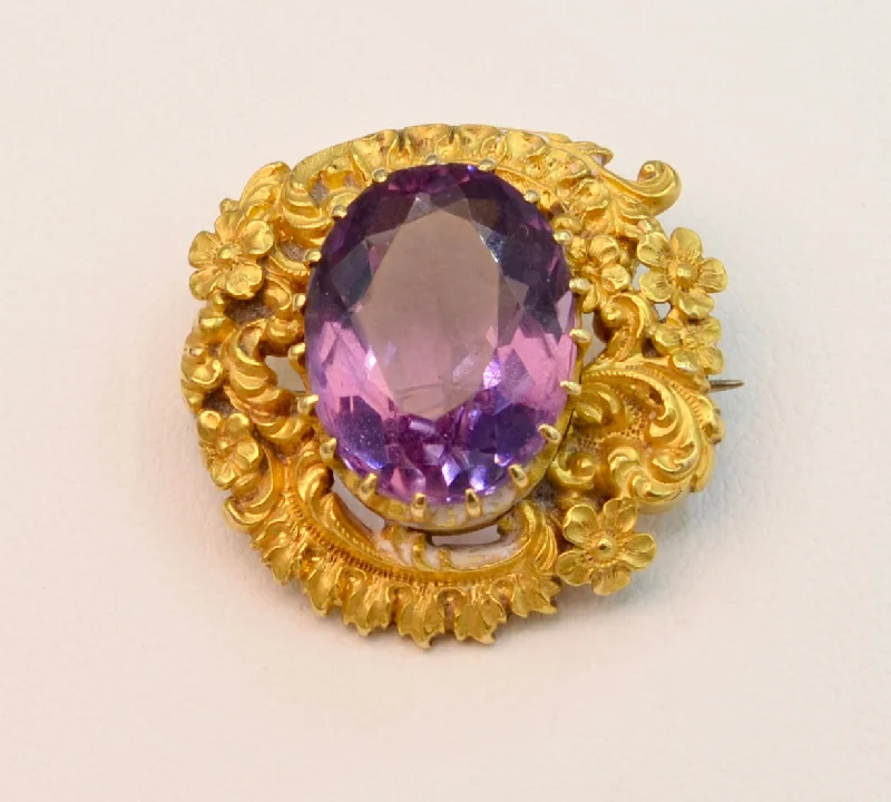 ladies silver brooch sapphire stones -14K yellow gold brooch with Amethyst