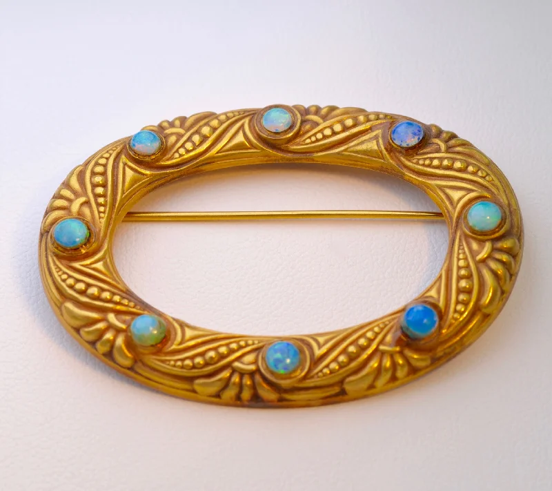 ladies party brooch gold finish -14K Victorian Buckle Brooch with Opals