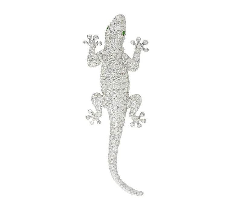 matte silver brooch for women -11.72ctw Pave Diamond and 0.08ctw Demantoid Garnet Lizard Brooch in 18K