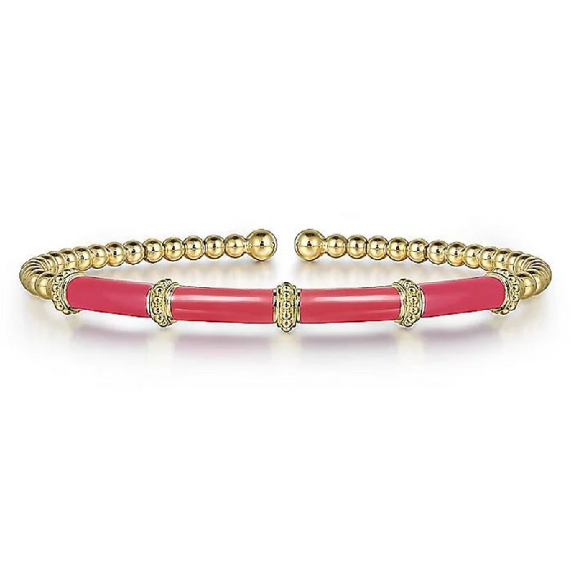 Ladies lone stone bracelets -Gabriel & Co. 14K Yellow Gold Bujukan Beads Split Bangle with Pink Enamel