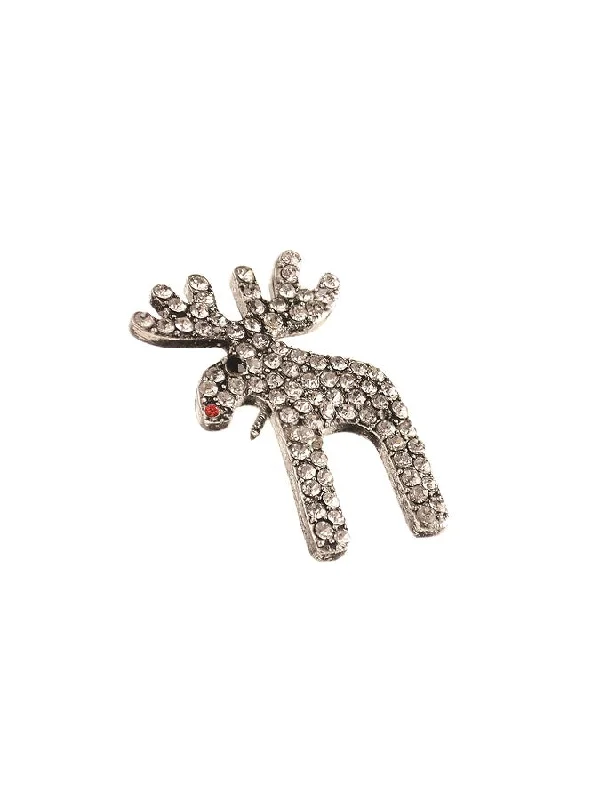 gold leaf design brooch for women -Hot Tomato Rudolph the Red Nosed Reindeer Brooch - Antique Silver / Clear Crystals