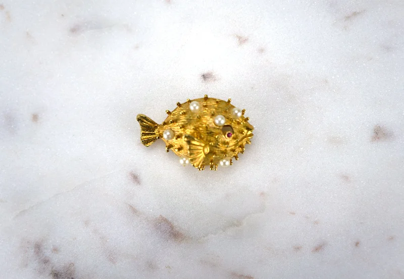 double gem brooch for women -Puffer Fish Brooch