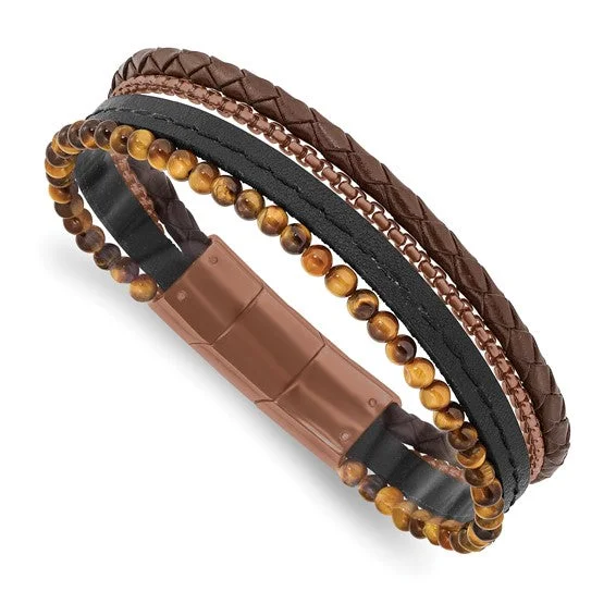 Ladies broad gleam bracelets -Stainless Steel Polished Brown IP Tiger's Eye Leather Bracelet