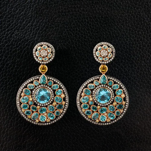 ladies gold earrings peacock motifs -Blue Topaz Dangle Earrings