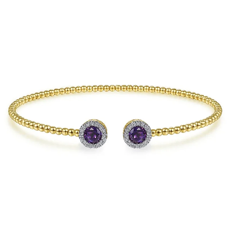 Ladies refined shine bracelets -Gabriel & Co. 14K Yellow Gold Round Amethyst and Diamond Halo Bujukan Bangle