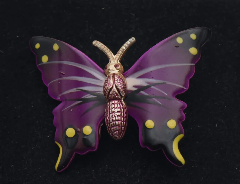 ladies silver brooch kunzite stones -Vintage Metal Hand Painted Butterfly Brooch