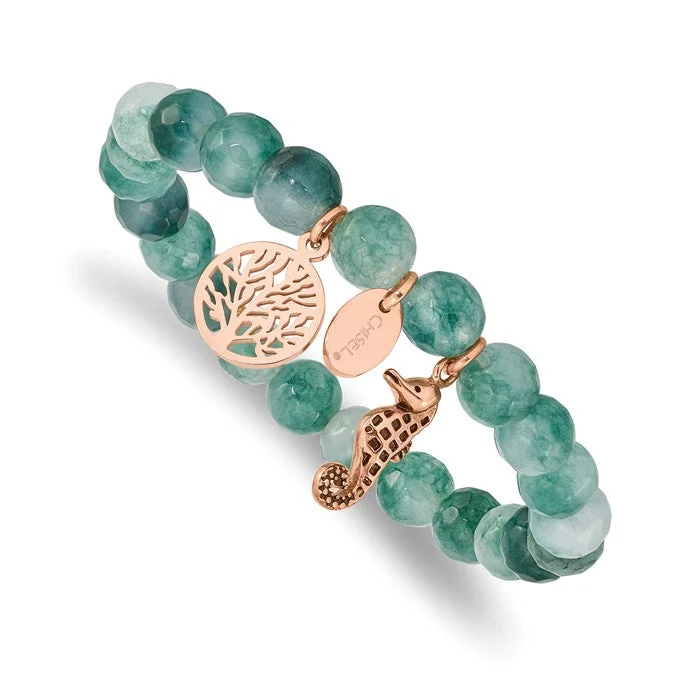 Ladies knotty braid bracelets -Stainless Steel Rose Gold Seahorse & Tree of Life Charm Green Jade Stretch Bracelet