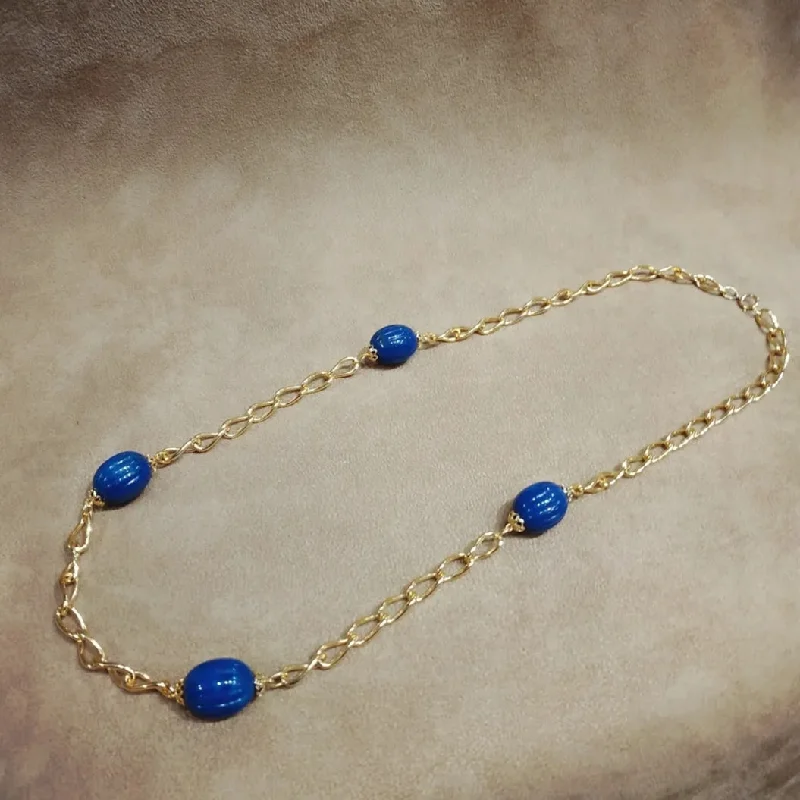 Ladies glittering diamond necklaces -Vintage Blue Scallop beads Long Gold Chain Necklace