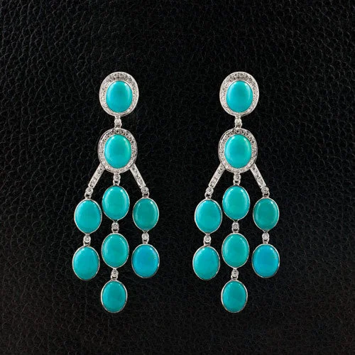 ladies earrings etched florals -Turquoise & Diamond Dangle Earrings