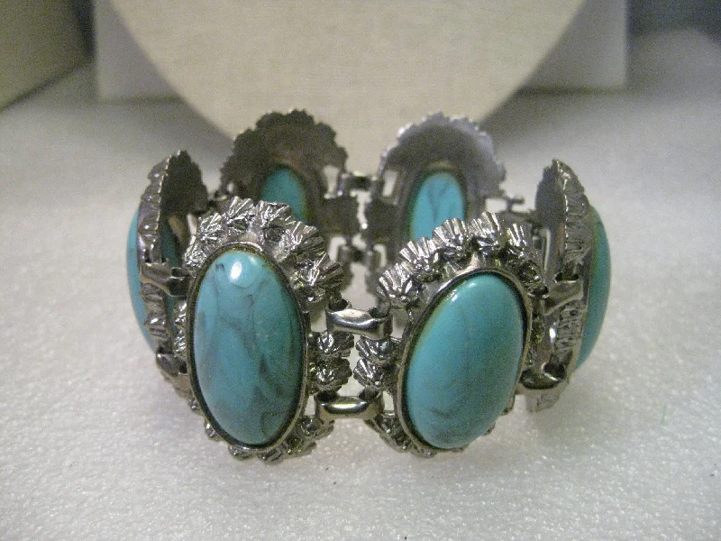 Ladies stone birth bracelets -Vintage Silver Tone Chunky Faux Turquoise Bracelet, 7.5"