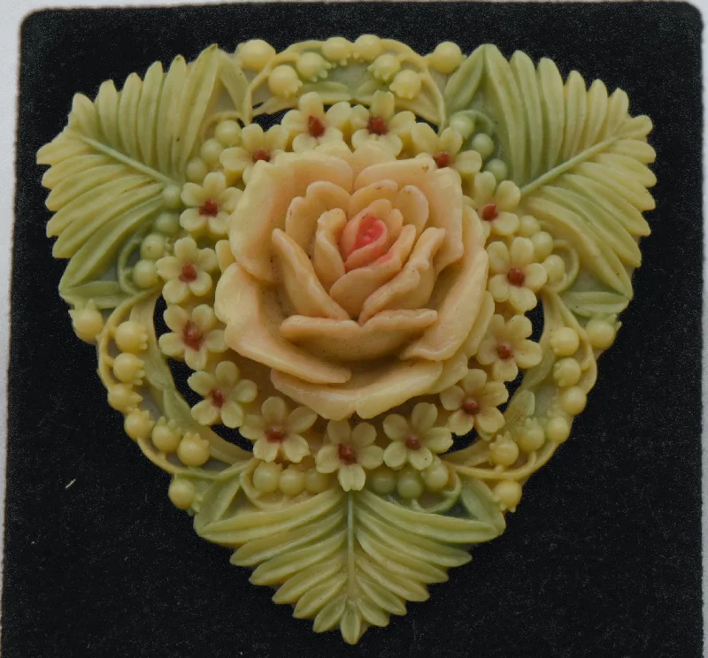 luxury gold brooch for ladies special events -Vintage Carved Plastic Floral Arrangement Brooch