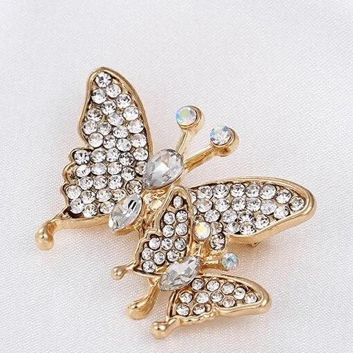 ladies rose gold brooch hearts -Butterflies  Gold Brooch Rhinestone Crystal BR-021