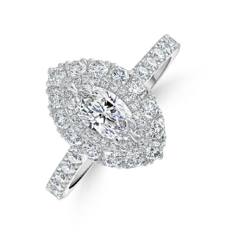 ladies rose gold rings anniversary gift -Platinum Marquise-Shaped Diamond Double Halo Cluster Ring with Diamond Shoulders