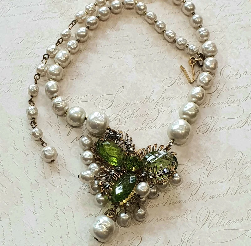 Ladies mighty elephant necklaces -Miriam Haskell Vintage Necklace Pearl Green Glass