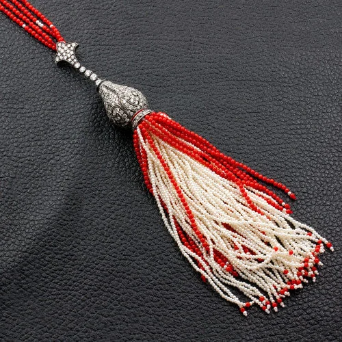 Ladies bold initial necklaces -Coral, Pearl & Diamond Tassel Necklace