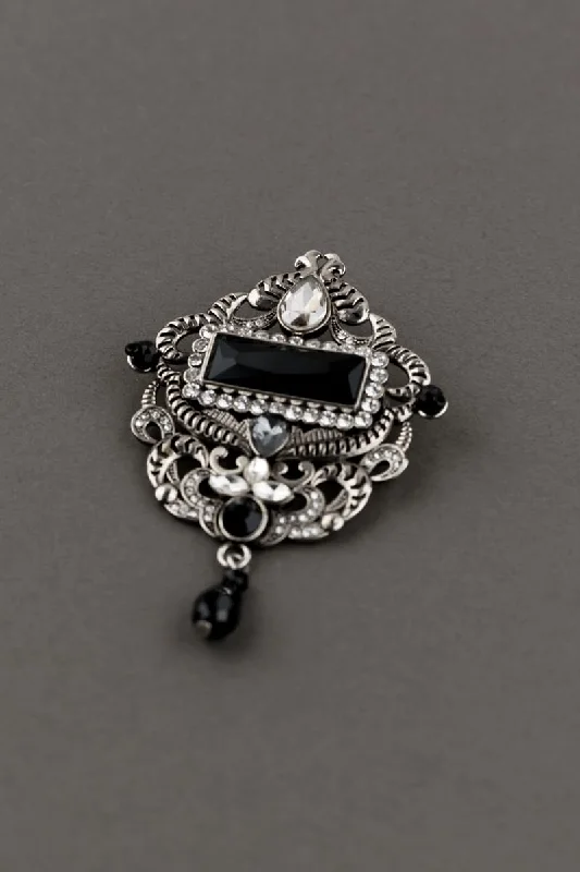 ladies formal brooch evening wear -Silver Crystal Brooch with Black Crystals