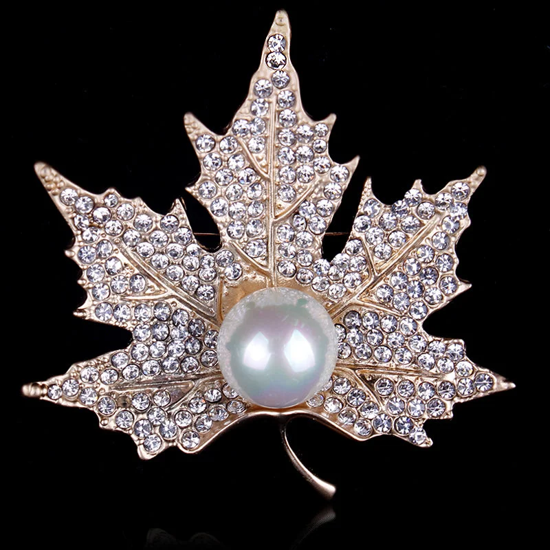 minimalist dot brooch for women -Rhinestones & Pearl Leaf Brooch BR-919