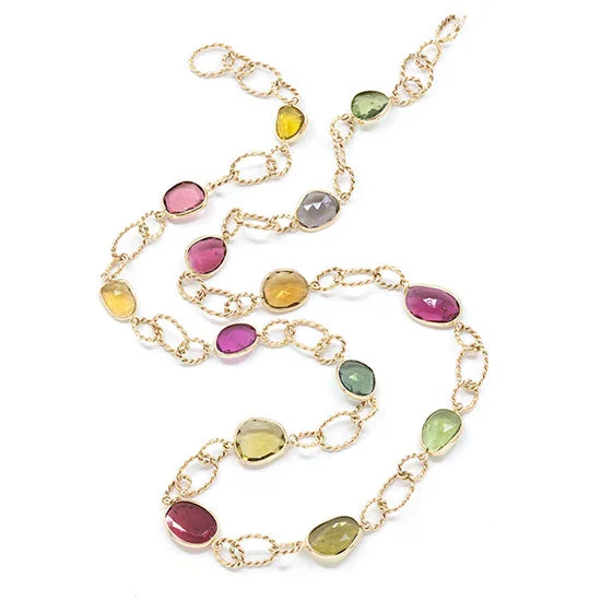 Ladies broad gleam necklaces -Coiled Oval Loop Link Necklace with Multi-colored Tourmalines