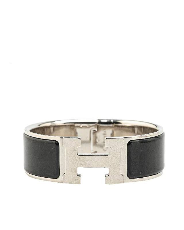 Ladies street sleek bracelets -Wide Enamel Clic Clac H Bracelet with Palladium Metal and H Clasp Closure