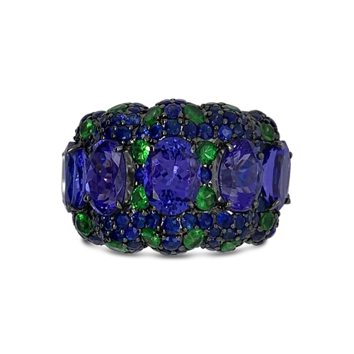 ladies rings spiral textures -Tanzanite, Sapphire & Tsavorite Ring