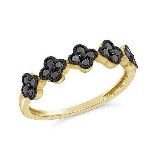 gold filigree rings for women -Black Diamond Flower/Clover Ring