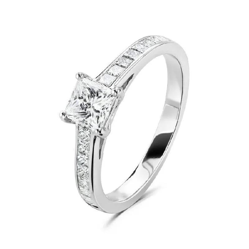 minimalist hoop rings for women -Platinum 4 claw set princess cut Diamond solitaire ring with princess cut Diamond shoulders