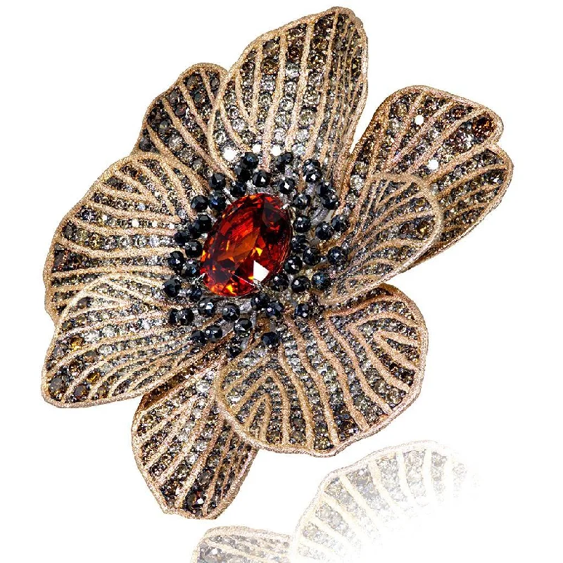 ladies brooch scalloped edges -Gold Coronaria Brooch with Mandarin Garnet & Diamonds