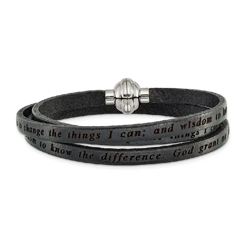 Ladies flowing boho bracelets -Stainless Steel Lord's Prayer Black Leather Wrap 21 Inch Bracelet