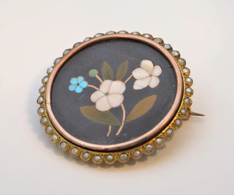 rose gold bar brooch for women -Victorian Pietra Dura Brooch