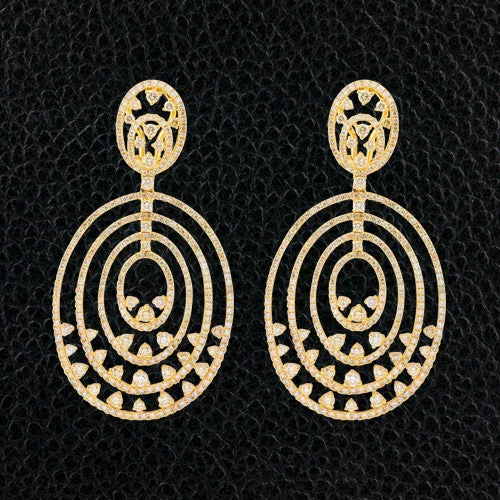 ladies gold earrings bee motifs -Concentric Oval Dangle Diamond Earrings