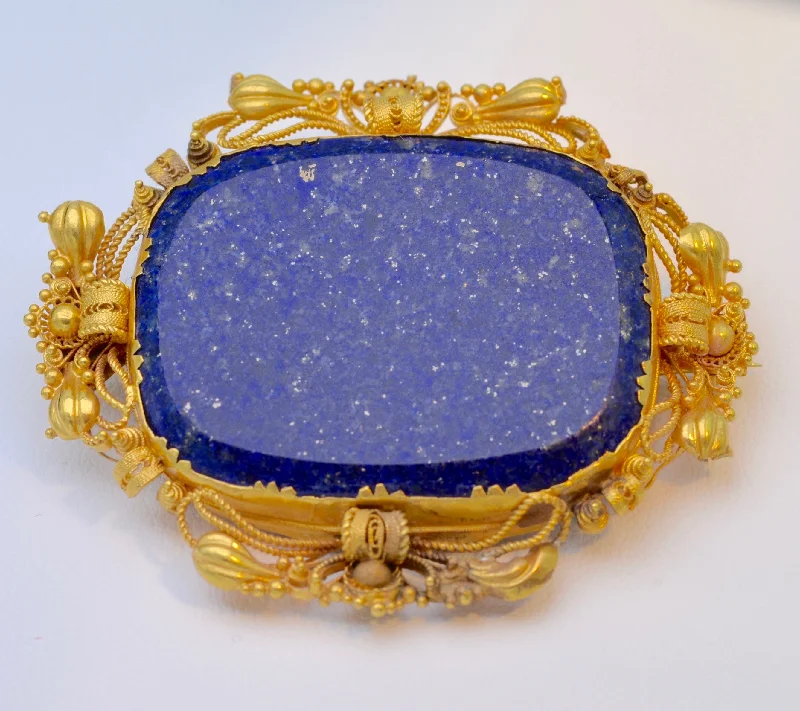 silver brooch for women floral motifs -Large Victorian Lapis Lazuli Brooch with Woven Hair