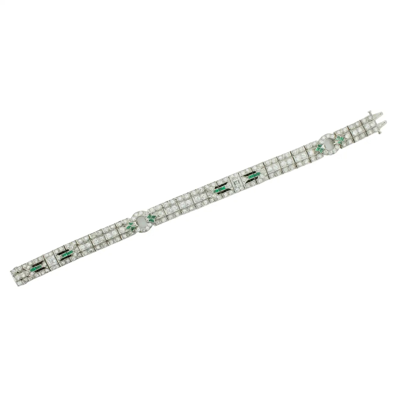 Ladies gritty texture bracelets -Extreme Art Deco Diamond, Emerald and Onyx Platinum Bracelet