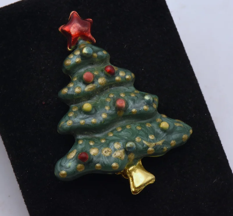 layered brooch for women trendy -Vintage Gold Tone Metal and Colored Enamel Christmas Tree Brooch